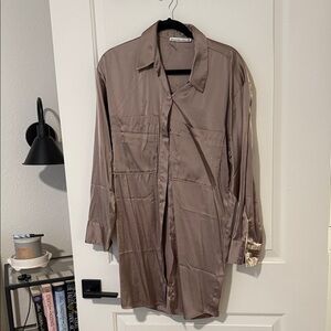 Silky Taupe Longline Shirtdress